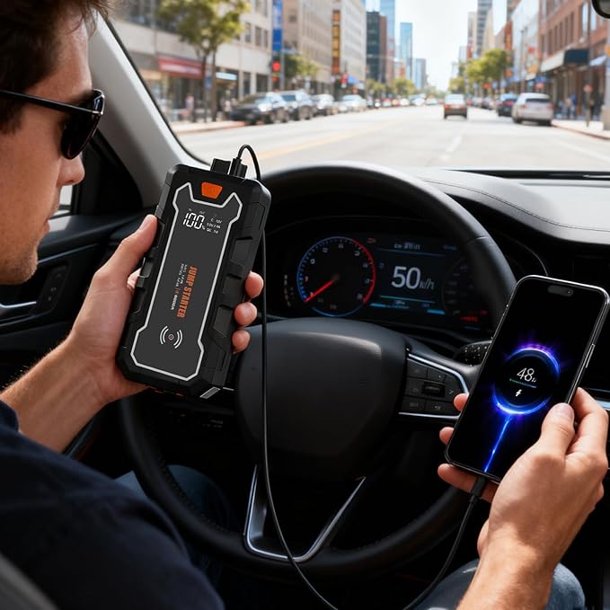 CROS 3500A Car Jump Starter, 24000mAh Battery Booster Pack with Wireless Charger, 12V Portable Jump Box for Gas & Diesel Engines, Power Bank & LED Flashlight