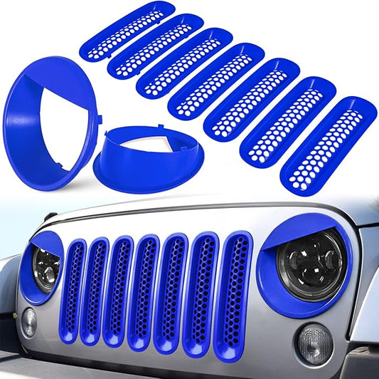 Front Grille Mesh Inserts & Headlight Cover for Jeep Wrangler JK JKU Sport Freedom Rubicon Sahara Unlimited 2007-2018 Exterior Accessories Clip-in Grille Guard Headlight Bezels Trim (Matte Blue)