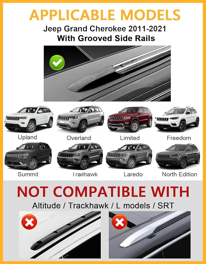 Tuyoung 260lbs Roof Rack Cross Bars Fit for Jeep Grand Cherokee 2011-2021 with Grooved Side Rails, All-Aluminum Lockable Anti-Theft Crossbars Rooftop Cargo Kayak Bike Luggage Racks Carrier Accessories