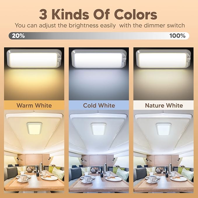 BlueFire 700LM Dimmable Sliding Brightness RV Ceiling Dome Lights, 7W DC10-30V Super Bright RV Interior LED Lights for RVs, Campers, Motorhomes, Trailers (3 Color Tem- 4PCS)