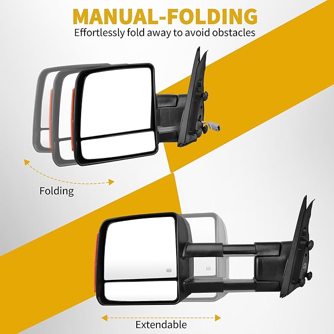 DWVO Towing Mirrors Compatible with Toyota Tundra 2007-2017, Power Heated Side Mirrors with Turn Signal, Manual Extending and Folding, Pair Replacement Tow Mirrors Set