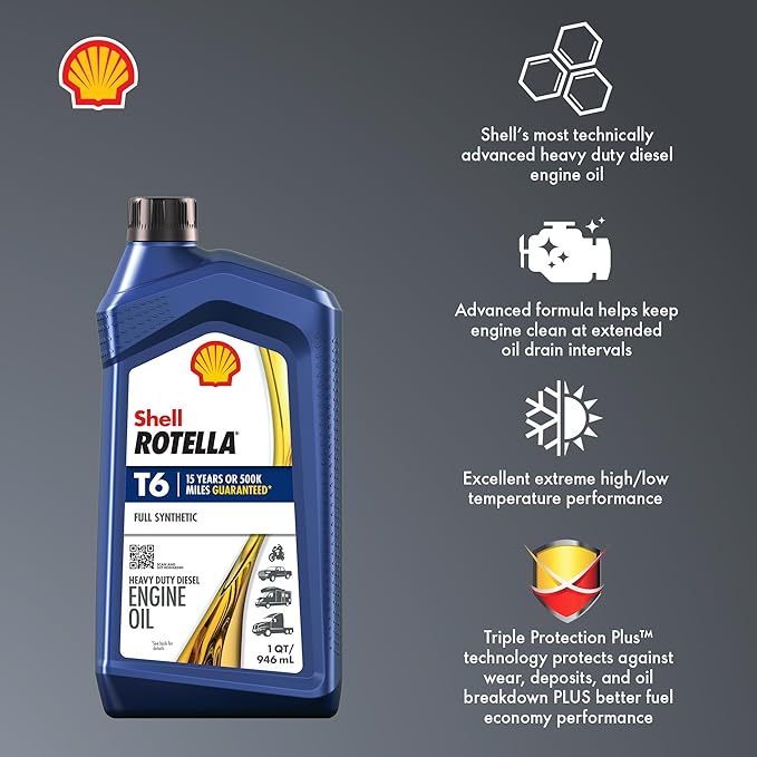 Shell Rotella T6 Full Synthetic 5W-40 Motor Oil, 1 Quart (6 Pack)