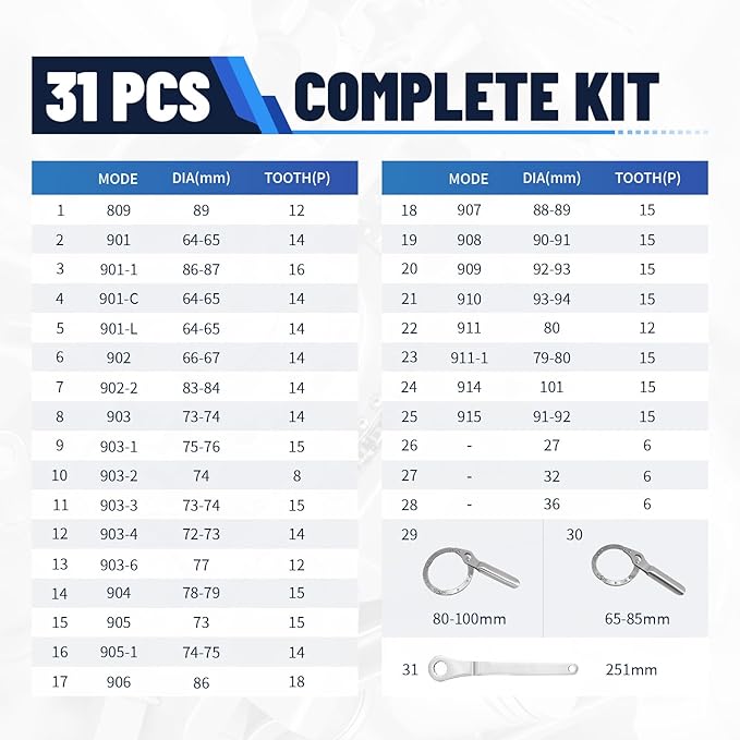 31pcs Oil Filter Wrench Set 1/2" Drive Oil Filter Removal Tool Kit Oil Filter Type Wrench Socket Removal Tool Set Oil Filter Socket Set