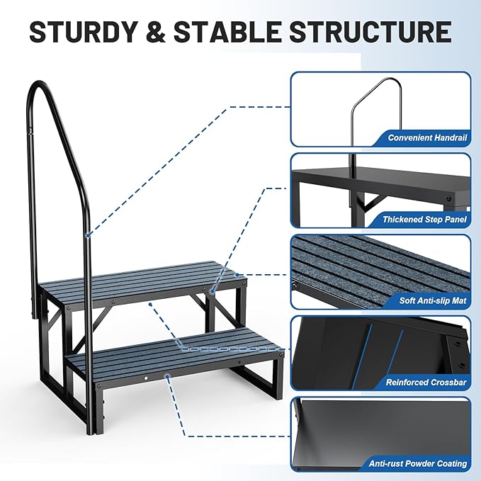 RV Steps Spa Steps with Handrail - 2 Step Hot Tub Steps Trailer Steps Mobile Home Stairs for 5th Wheel RV, Trailer, Hot Tub, Pool, Porch with Non-Slip Mats