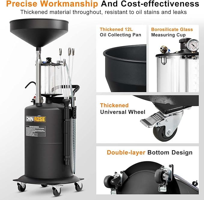 Waste Oil Drain Tank, 26.4 Gallon Capacity, Pneumatic Oil Extractor, 61 in. Suction/Drain Pipes, 3.17 Gallon Measuring Cup, <0.09MPa Vacuum