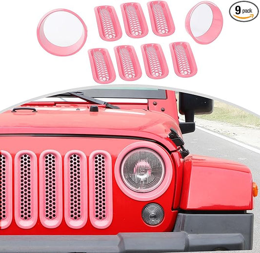 CheroCar for JK Mesh Grille Grill Insert & Headlight Cover Trim Exterior Accessories for Jeep Wrangler JK 2007-2017,Pink…