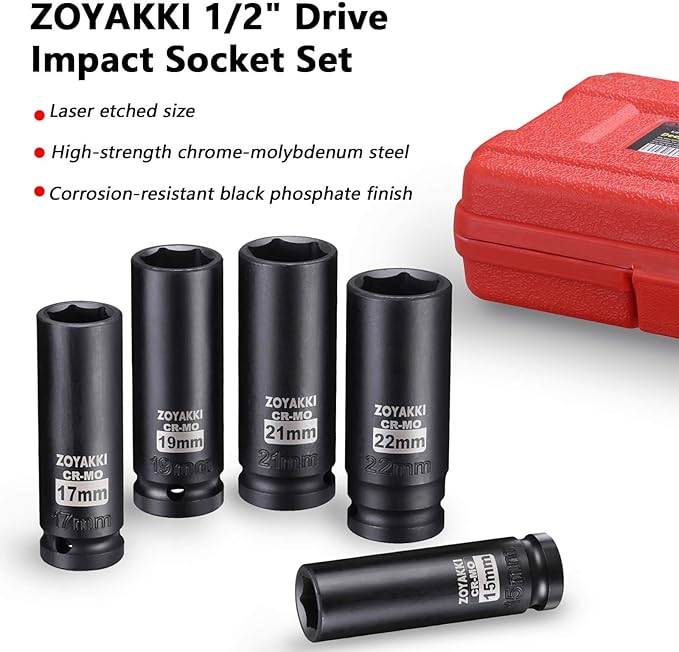 1/2" Drive Deep 6-Point Impact Socket Set, 5-Piece Standard Metric Spindle Axle Nut Impact Socket Set, Cr-Mo,6 Point (15-17-19-21-22mm) Size,Wheel Lug Nuts Socket