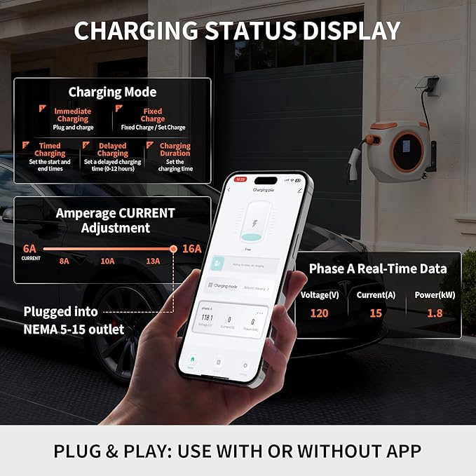 Level 1 EV Charger for J1772 Electric Cars – 110V 16A, 26FT Cable, NEMA 5-15 Plug, Wi-Fi Support, Portable Connector for Home or Travel (Grey)