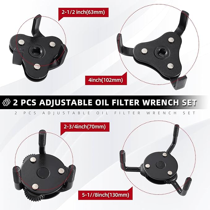Oil Filter Wrench Adjustable, Universal Oil Filter Removal Tool, Oil Filter Change Set 2-1/2 to 4 inch & 2-3/4 to 5-1/8 inch, 1/2" Drive for Removing Motorcycles Cars Trucks