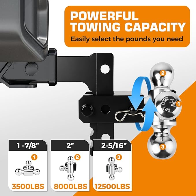 Kingfun Adjustable Trailer Hitch - Fits 2 Inch Receiver, Tri-Ball (1-7/8" X 2" X 2-5/16") 6-Inch Rise/Drop Hitch, 12500 Lbs Gtw Heavy Duty Aluminum Truck Tow Hitch with Anti-Theft Pins (Black)