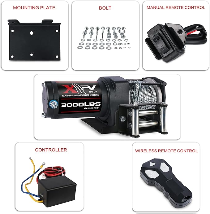 3000 lb 12V DC Electric Winch with Both Wireless Handheld Remote and Corded Control Recovery Steel Cable Waterproof Winch for UTV ATV Boat