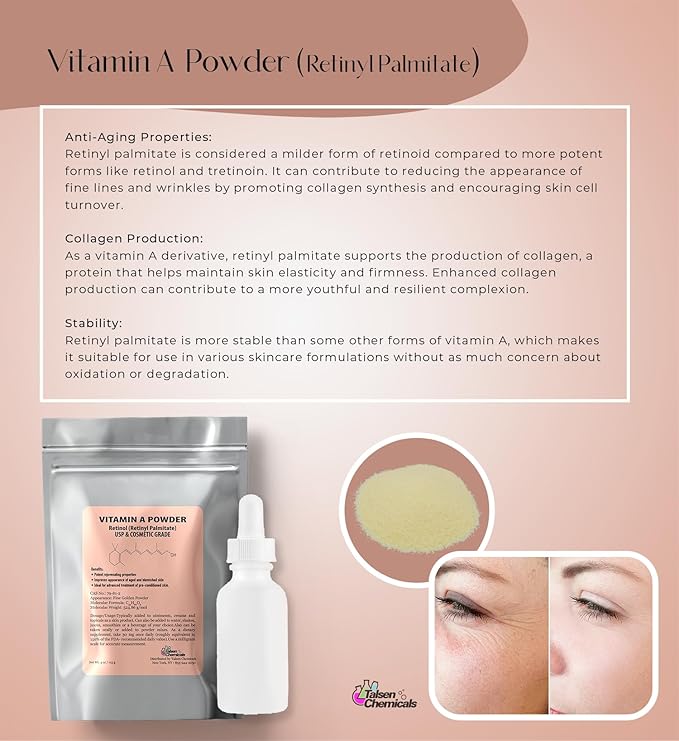 Vitamin A Powder Retinyl Palmitate, Pure Retinol Powdered Vitamin Water Soluble Vitamin A USP & Cosmetic Grade (2 oz. / 56 Grams)