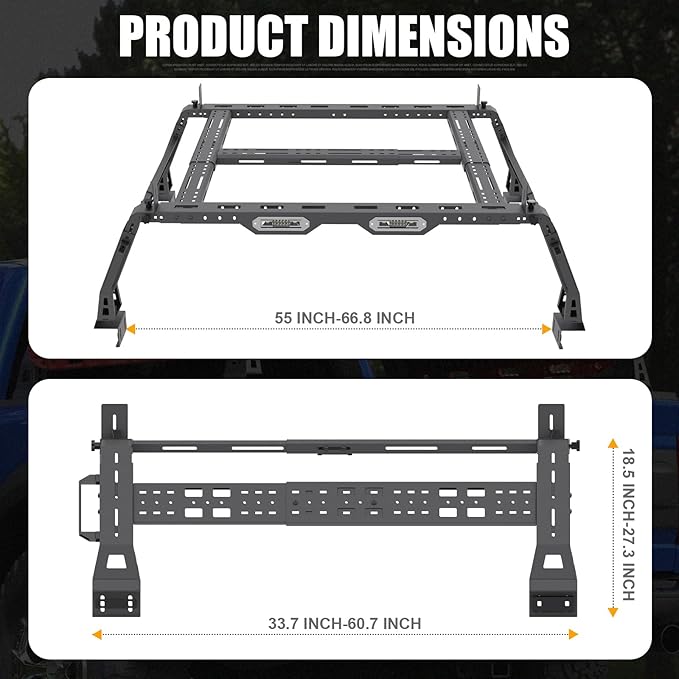 Extendable Overland Truck Bed Cargo Rack with Grab Handle, 18.5"-27.5" Heavy Duty High Bed Rack for Ford F-Series, for Silverado & Sierra & Ram 1500/2500/3500, for Jeep Gladiator JT, for Titan Tundra