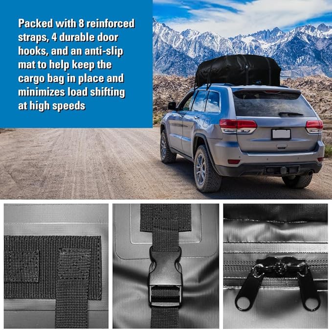 Reese 59006 Waterproof Rooftop Cargo Carrier Bag for Cars, SUVs or Trucks with/Without Roof Racks, 15 Cubic Feet, Heavy Duty 840D Abrasion-Resistant PVC Fabric with Anti-Slip Mat