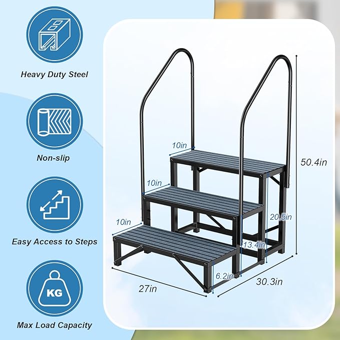Rv Steps with Handrail 3 Step,Hot Tub Steps with Anti-Slip Mats,Heavy Duty Metal Mobile Home Stairs,Camper Steps for Travel Trailer,Portable Step Ladder for Spa,Pool and Porch