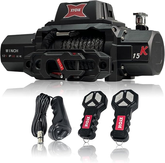 XYCLE15000lbs12V Electric Winch IP68waterproofOff-Road Vehicle Rescue winchs with2wireless Remote Controls and Synthetic Rope Suitable for Towing SUVs,Loggers,Trucks,Trailers,Jeeps,4WD (Dark-Gray)