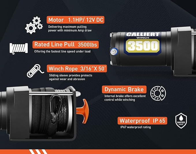 CALLIERT 3500LB Powerful Electric Synthetic Winch 12V DC ATV UTV Winch, 3/16'' Synthetic Rope Waterproof Powerful Winch with Wireless Remote Control Switch and Mounting Bracket