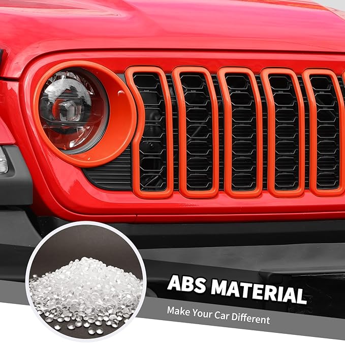 Jimen for 2024 Jeep Wrangler 4xe grill inserts, 9PCS Headlight Cover & Grille Insert Compatible with Jeep Wrangler JL JLU 2024+, NOT FIT JL Sport/Sport S (Orange)