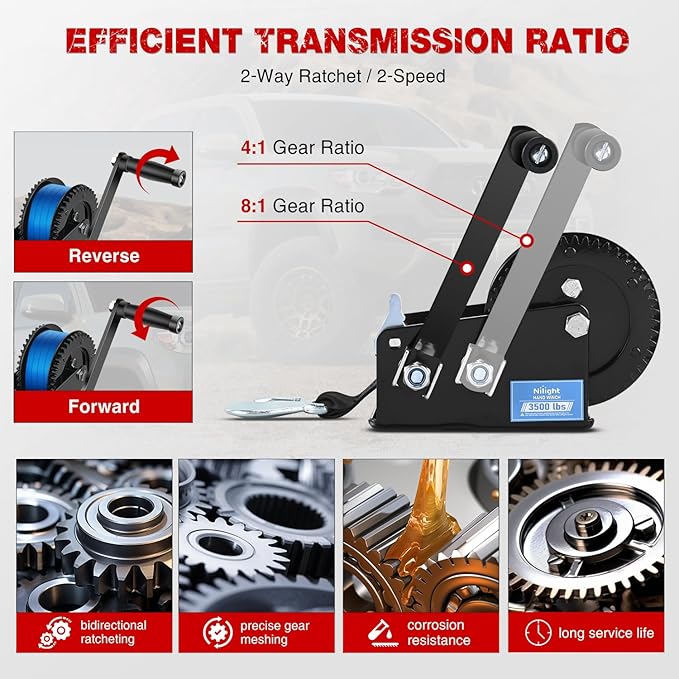 Nilight Boat Trailer Winch 3500 LBS Hand Crank Winch Heavy Duty Boat Winches with 33 FT Blue Strap Rope Hook Two Way Ratchet 4:1 8:1 Gear Portable Marine Manual Winch for Trailers Boat RV ATV Towing
