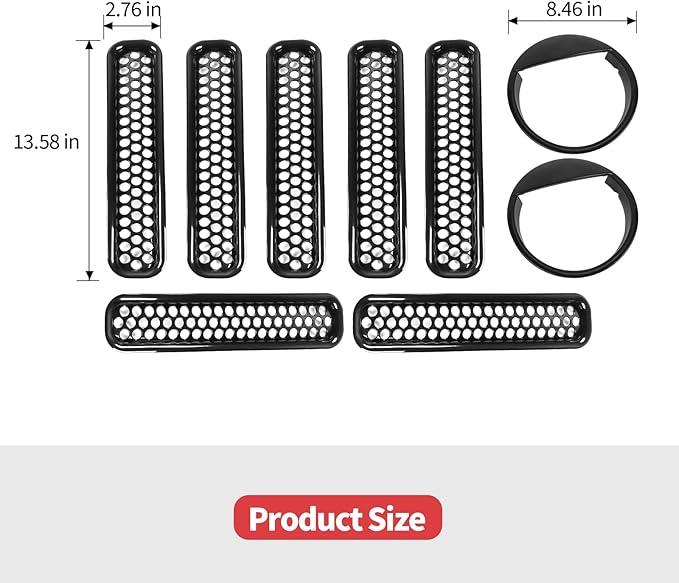 Jimen Fit for Jeep Wrangler TJ 1997-2006, Front Mesh Grille Inserts & Headlight Bezels Cover Trim