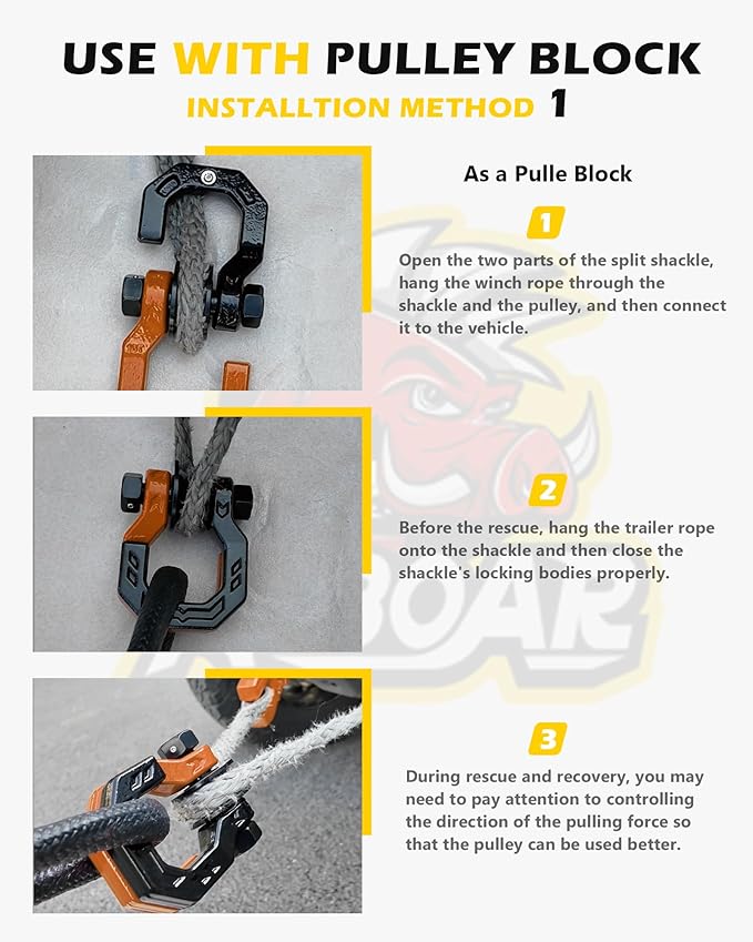 Separate D-Ring Shackle with Pulley Block, Towing Winch Snatch Block & 3/4" Separate D-Ring Shackle 2in1 Set, 57320lbs(26T) Breaking Strength, for Recovery, BlackOrange