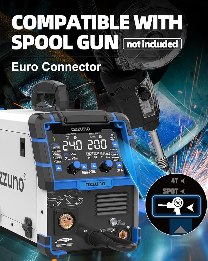 AZZUNO 200A MIG Welder 110V/220V, 8 in 1 Welder Machine Aluminum MIG/Gas MAG/Gasless Flux Core MIG/Gas MIG/Spot MIG/Spool Gun Compatible/Lift TIG/Stick Welding, Multi process Welding Machine