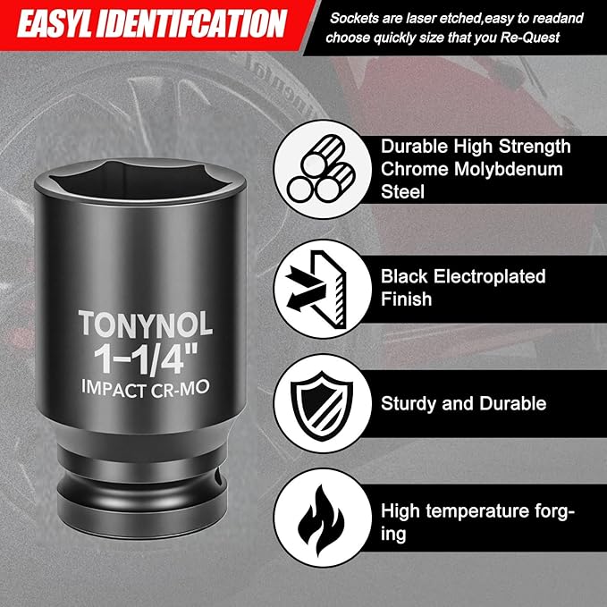 3/4" Inch Drive Deep Impact Socket,6-Point,SAE 1-1/4",80mmL,CR-MO,Heavy-Duty Automotive & Industrial Repair