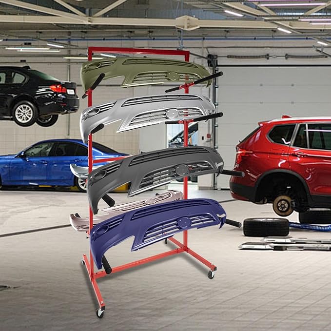 biosp Double Sided Mobile Bumper Storage Rack Floor-Standing with Lockable Wheels, Store and Organize 6 Painted Bumpers, Length Adjustable, Automobile Parts Accessories, 41.02''D x 49.29''W x 80''H