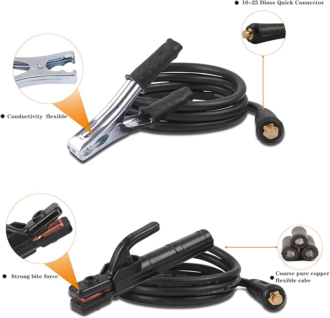 Welding Electrode Holder Lead ARC MMA Stick Welding Ground Clamp and Welding Cable Din 10-25 Connector Plug Stick Electrode Holder Stinger Copper Jaw Holding Plier for 300A Welder Machine