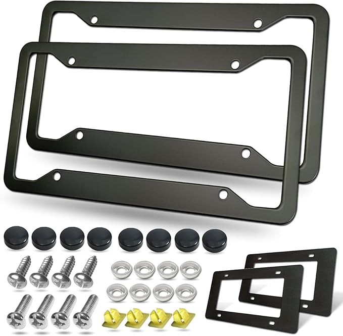 BGGTMO Matte Black Aluminum License Plate Frames- 2 Pack Heavy Duty Car Tag Cover for Front & Rear, 4 Hole Rust Proof Universal Holder, Mount Screws Caps, Inserts, Rattle Proof Pads