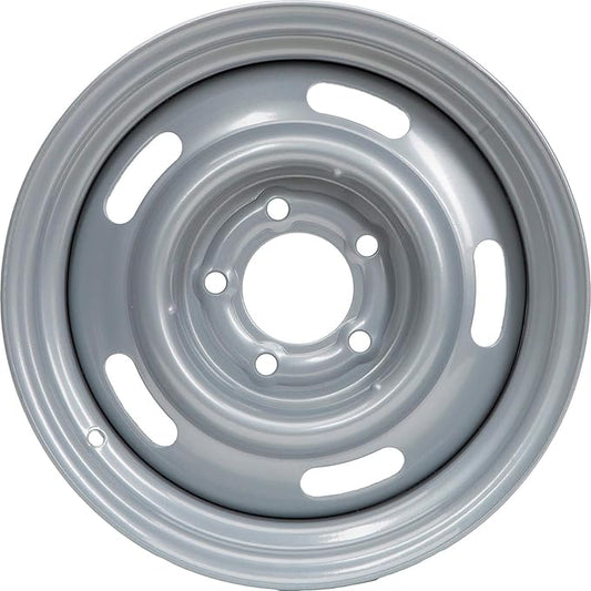 Speedway Motors GM Style 15 x 7 Inch Silver Steel Rally Wheel, 5 on 4.75 Direct-Fit Bolt Pattern, Rear-Wheel Drive Vehicle Only, 4.25” Wheel Backspacing, Sold Individually