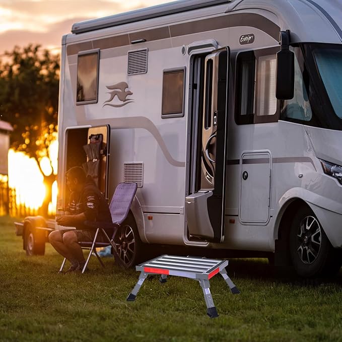 Homeon Wheels RV Step Stool, Adjustable Height Aluminum Folding Platform Step Ladder with Non-Slip Rubber Feet, 1000 lbs Capacity, Heavy Duty RV Steps for Trailer, Truck, Outdoor Use