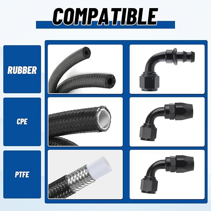 10AN Push Lock Hose Fitting Kit Straight 45 90 180 Degree Elbow Black Ends with Clamps for Rubber Fuel Line, 8PCS
