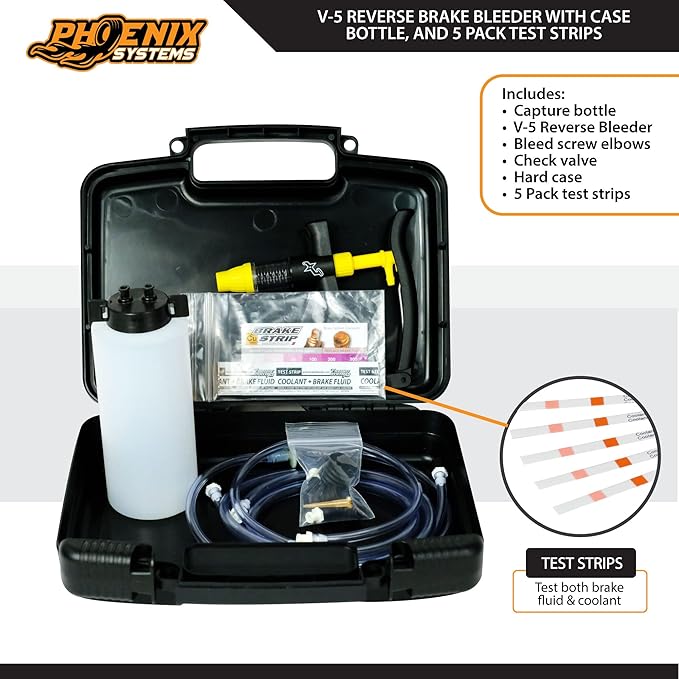 Phoenix Systems V-5 Reverse Brake and Clutch Bleeder (Includes Bottle, Hard Case and 5 Pack Test Strips), One Person, Fits All Makes and Models