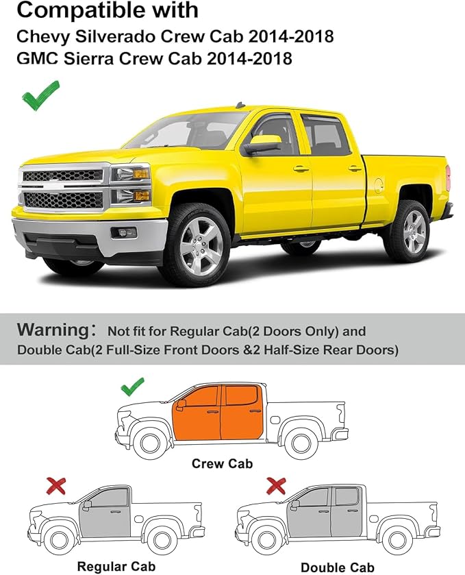 in-Channel Window Rain Guards Fit for Chevrolet(Chevy) Silverado/GMC Sierra 2014-2018 Crew Cab Rain Guards Extra Durable Window Deflectors Visors Vent Visors Vent Shades Truck Accessories