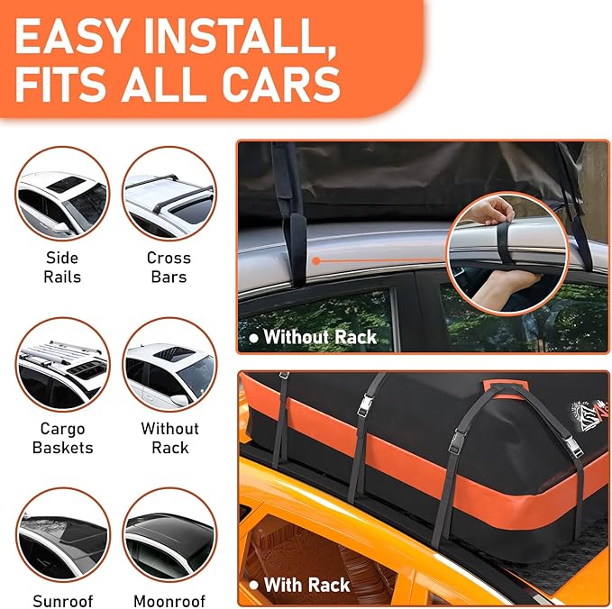 Asinking Car Roof Bag Rooftop top Cargo Carrier Bag 21 Cubic feet Waterproof for All Cars with/Without Rack, Includes Anti-Slip Mat, 10 Reinforced Straps, 6 Door Hooks, Luggage Lock
