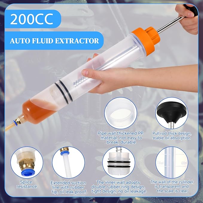 Gisafai 200cc Fluid Extractor Automotive Pump Manual Oil Extractor Pump Syringe for Gasoline Hand Cleaner for Power Steering, Hydraulic Fluid(Orange)