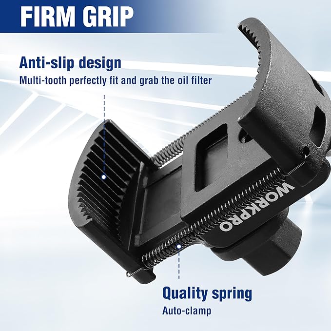 WORKPRO Universal Oil Filter Wrench Adjustable with Auto-Clamp Spring, Oil Filter Removal Tool, Oil Filter Change Set, Ideal for Engine Filters, Conduit, & Fittings