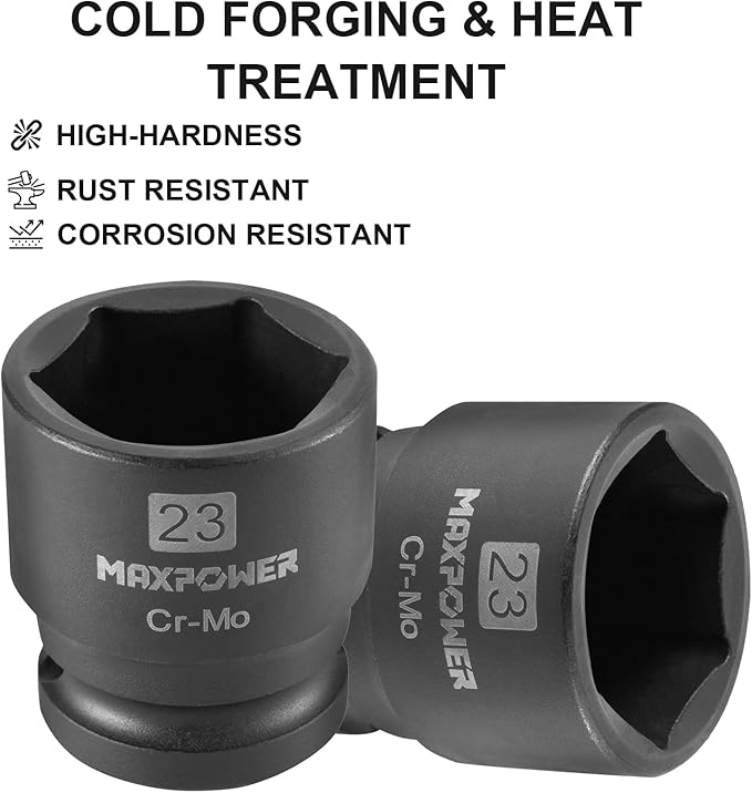 MAXPOWER 1/2 Inch Drive 23mm Standard Impact Socket, Made with Heat-Treated Chrome Molybdenum Steel, 6-Point Design, Metric