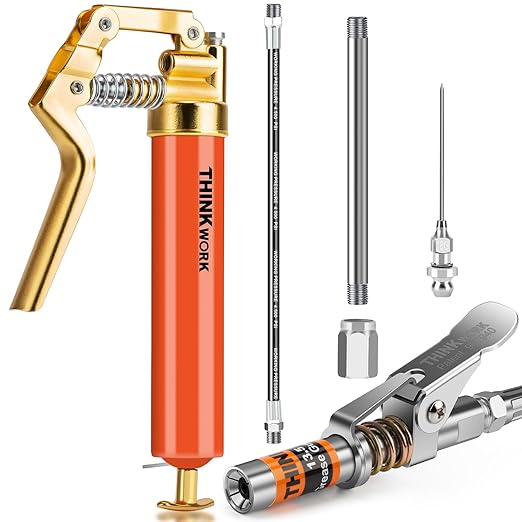 THINKWORK Mini Grease Gun Kit for 3 Oz Tubes, 3000 PSI Pistol Grip Lube Grease Guns Tool with 0.53" Coupler and Needle Nozzles - for Minor Maintenance Tasks, Automotive, Agricultural