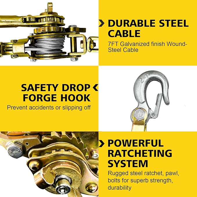 Come Along Winch Puller 2T, 10FT Cable Hoist Winch Puller with 2 Hooks, Come Along Tool Heavy Duty, Ratchet Puller for Lifting Pulling Construction Building