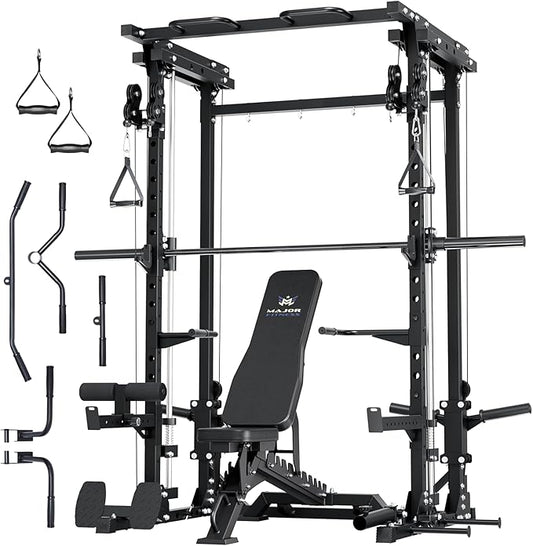 Major Fitness Drone3 Smith Machine – All-in-One Home Gym Squat Rack with Weight Bar, Cable Crossover Machine – Heavy-Duty Fitness Equipment for Strength Training and Full-Body Workouts