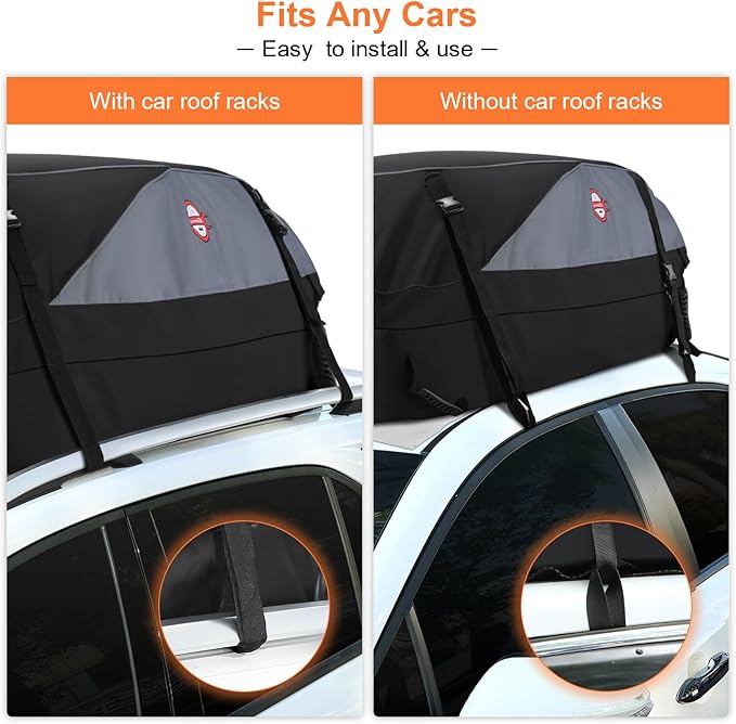 Sailnovo Car Rooftop Cargo Carrier Roof Bag, 15 Cubic feet Waterproof Roof Cargo Carrier fit car with/Without Luggage Rack - Vehicle Soft Shell Roof Cargo Box with Tie-Down Strap, Safety Hook