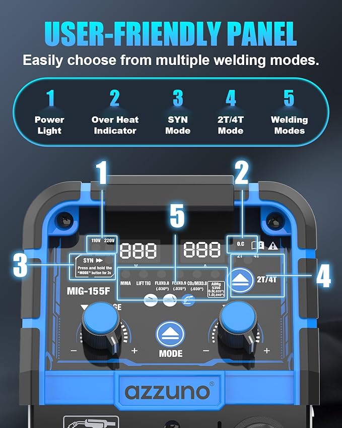 AZZUNO Aluminum 155A MIG Welder 110V/220V, 5-in-1 MIG Welding Machine with Flux Core MIG/Gas MIG/Aluminum MIG/Stick/Lift TIG Welding, Wire Feed Welder Machine