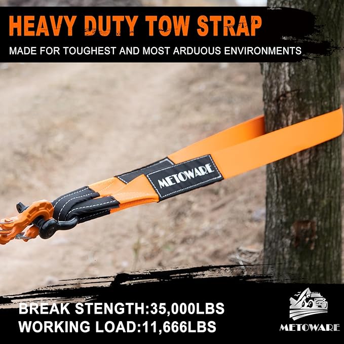 METOWARE Tree Saver Tow Strap 3'' × 8ft Recovery Strap, Heavy Duty Tow Straps with 35,000 lb Capacity, Triple Reinforced Loop Straps, Emergency Off Road Towing Rope, Extreme Water-Resistant (Orange)