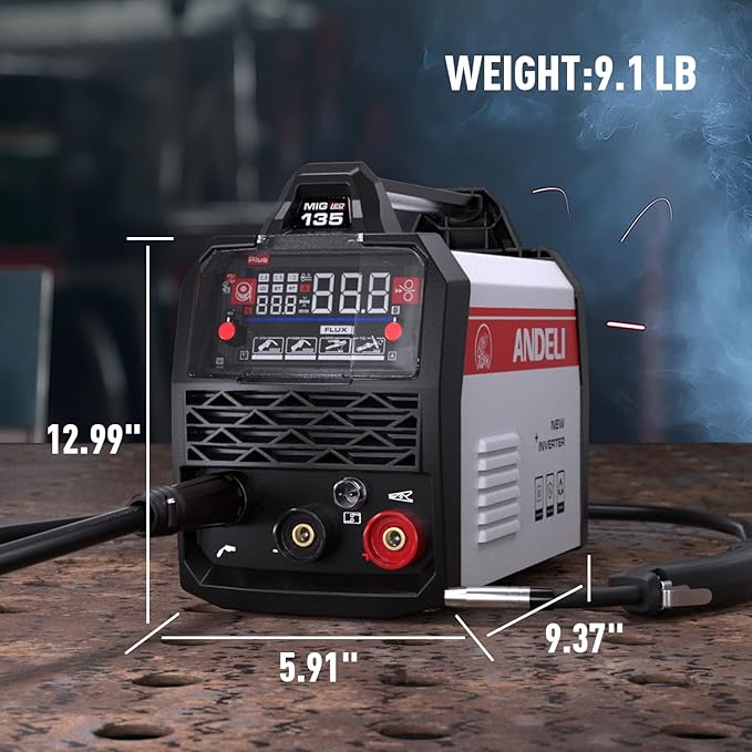 ANDELI 135A MIG Welder,110V/220V [Large LED Display] 3-in-1 Welder Flux Core MIG/Lift Tig/Stick Multiprocess Gasless MIG Welding Machine with Synergy，2T/4T Full Kit (Bonus Welding Helmet & Gloves)