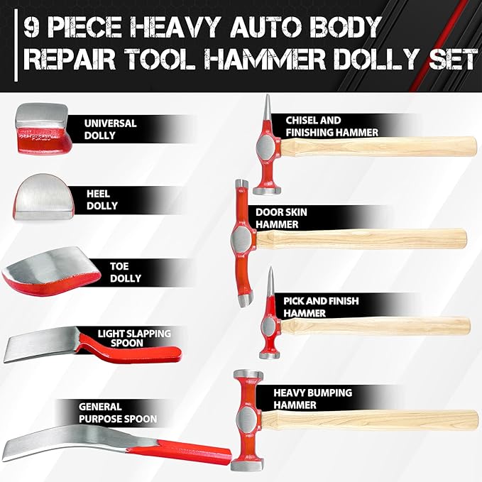 C&T 9 Piece Heavy Auto Body Repair Tool Hammer Dolly Set, Car Body Repair Tool Kit with Carrying Case, Hickory Handles,Fender Repair kit