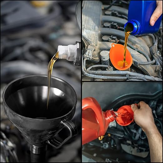 4 Pcs Automotive Funnels Set, Wide Mouth Fuel Funnel, Plastic Long Neck Oil Funnel, Flexible Right Angle Funnels, with Detachable Spout and Filter for Water/Gasoline/Coolant/Engine Oil