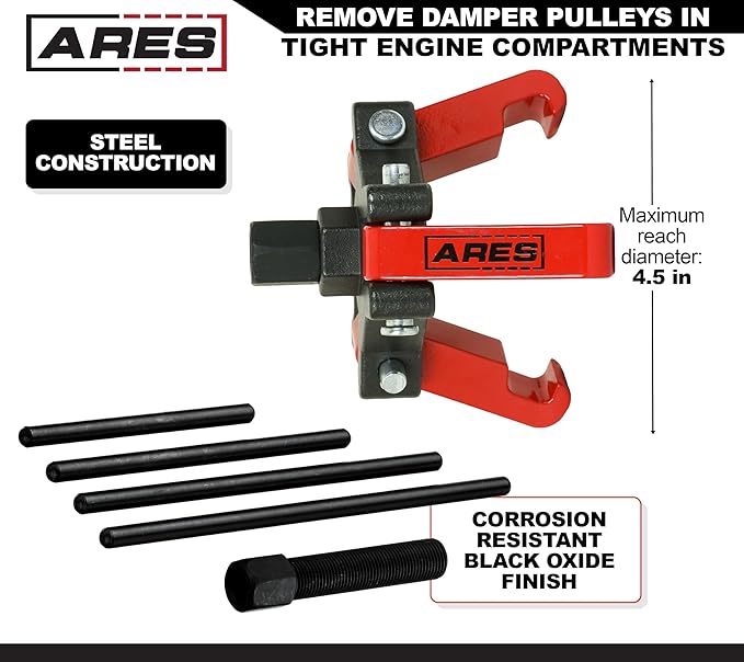 ARES 71002 - Harmonic Balancer Puller Kit - Adjustable 3-Jaw Puller Fits Most Late Model Automobiles & Trucks - Remove Damper Pulleys in Tight Engine Compartments Without Removing The Radiator