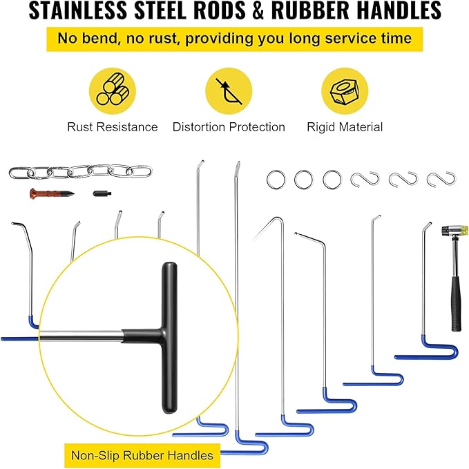 VEVOR Rods Dent Removal Kit, 20 Pcs Paintless Dent Repair Rods, Stainless Steel Dent Rods, Whale Tail Dent Repair Tools, Professional Hail Dent Removal Tool For Minor Dents, Door Dings And Hail Damage